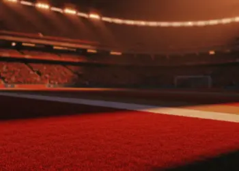 Floodlit stadium at golden-hour with packed stands, dramatic shadows, and red-lit pitch—Portugal vs. Croatia knockout preview.