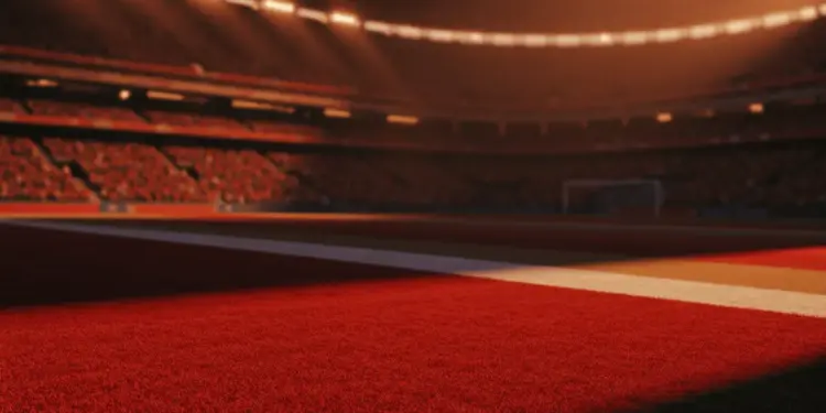 Floodlit stadium at golden-hour with packed stands, dramatic shadows, and red-lit pitch—Portugal vs. Croatia knockout preview.