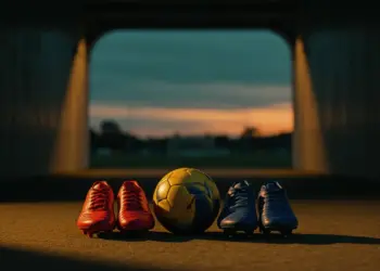Match boots in red and blue-yellow by a football, tunnel entrance with floodlit stadium backdrop.