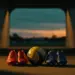 Match boots in red and blue-yellow by a football, tunnel entrance with floodlit stadium backdrop.