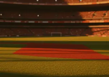 Floodlit World Cup stadium pitch at golden hour with dramatic shadows and packed stands in soft focus.