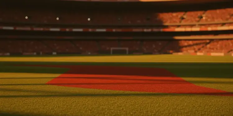 Floodlit World Cup stadium pitch at golden hour with dramatic shadows and packed stands in soft focus.