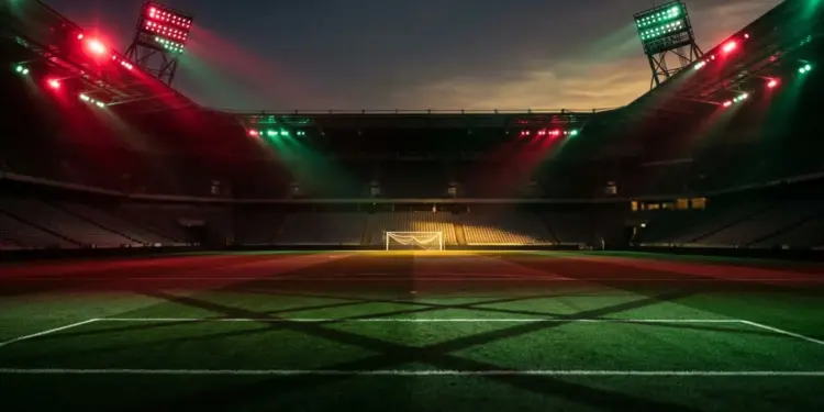 Floodlit stadium pitch in red and green lighting with geometric shadows and billowing goal net.