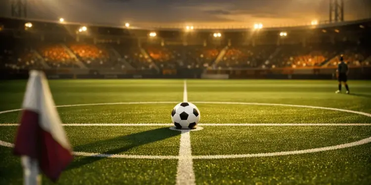 Floodlit empty football pitch at golden hour with centre-spot ball, dramatic shadows, and anticipatory stadium atmosphere.