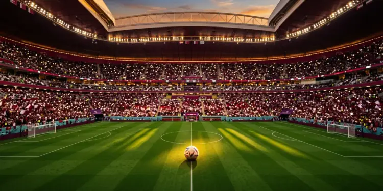Maroon and white floodlit stadium interior with football on centre spot, evening atmosphere.