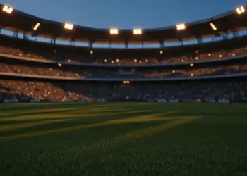 Empty floodlit stadium pitch at dusk with packed stands, dramatic shadows, cinematic lighting.