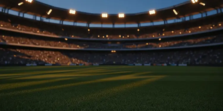 Empty floodlit stadium pitch at dusk with packed stands, dramatic shadows, cinematic lighting.
