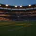 Empty floodlit stadium pitch at dusk with packed stands, dramatic shadows, cinematic lighting.