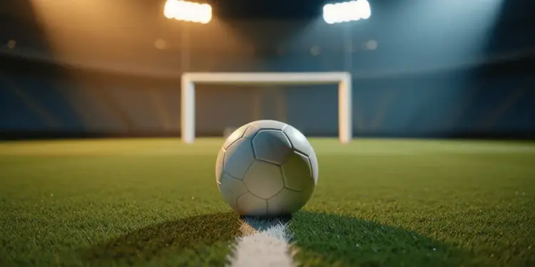 Evening-lit stadium pitch with match ball at penalty spot, golden floodlights casting long shadows, green and blue colour palette.