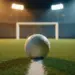 Evening-lit stadium pitch with match ball at penalty spot, golden floodlights casting long shadows, green and blue colour palette.