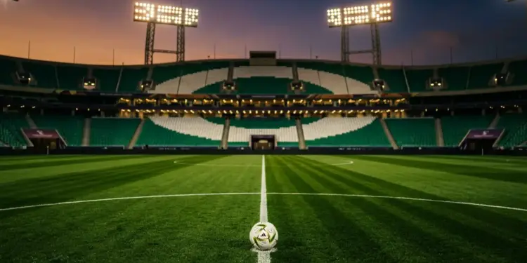 Floodlit empty stadium with emerald and white stand colours, match ball on halfway line, cinematic lighting.