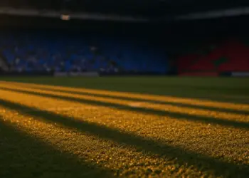 Floodlit stadium pitch at dusk with dramatic shadows and packed stands in evening light, no people visible.