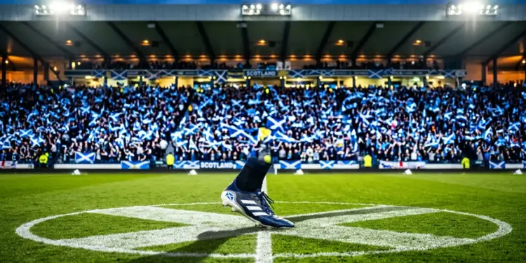 Floodlit stadium with Scotland flag colours, boot on centre pitch, supporter sections in saltire blue and white.