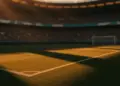 Empty floodlit football stadium at golden hour with dramatic shadow patterns and national colour-graded stands, Group I match setting.