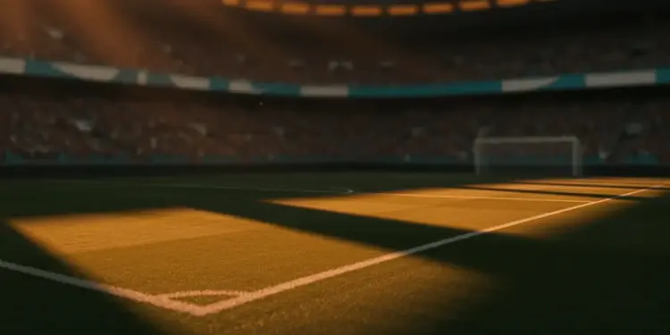 Empty floodlit football stadium at golden hour with dramatic shadow patterns and national colour-graded stands, Group I match setting.