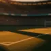 Empty floodlit football stadium at golden hour with dramatic shadow patterns and national colour-graded stands, Group I match setting.