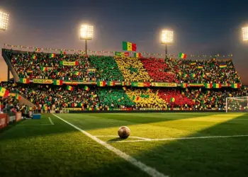 Floodlit stadium pitch at golden hour with green-red-gold flag colours in packed stands, football on centre spot.