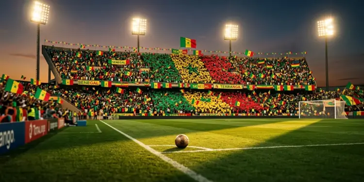 Floodlit stadium pitch at golden hour with green-red-gold flag colours in packed stands, football on centre spot.
