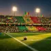 Floodlit stadium pitch at golden hour with green-red-gold flag colours in packed stands, football on centre spot.