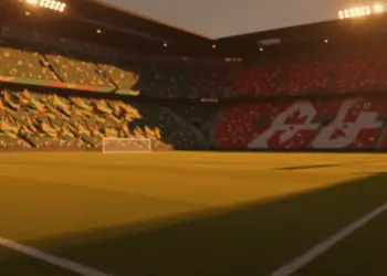 Floodlit World Cup stadium at golden-hour with South African green-gold and Canadian red-white stands, dramatic shadows across empty pitch.