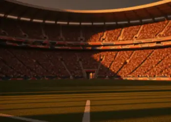 Floodlit World Cup stadium pitch at golden-hour with packed stands, dramatic shadows, South African and Korean colour palette.