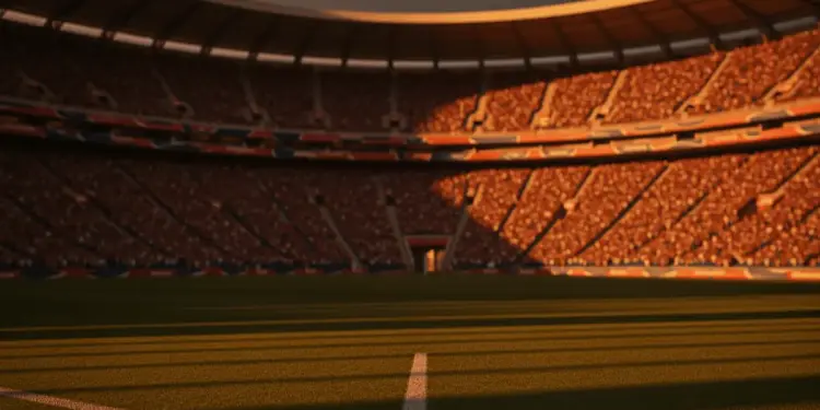 Floodlit World Cup stadium pitch at golden-hour with packed stands, dramatic shadows, South African and Korean colour palette.