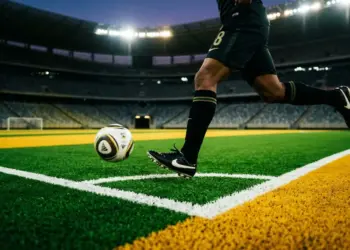South African-coloured floodlit football pitch at dusk with boot and ball in motion, abstract stadium backdrop.