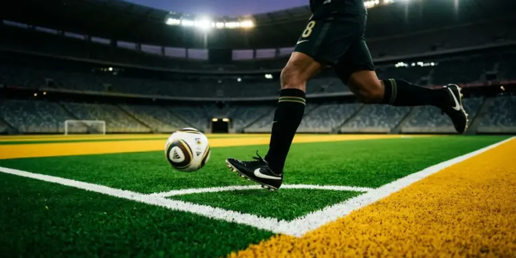 South African-coloured floodlit football pitch at dusk with boot and ball in motion, abstract stadium backdrop.