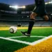South African-coloured floodlit football pitch at dusk with boot and ball in motion, abstract stadium backdrop.