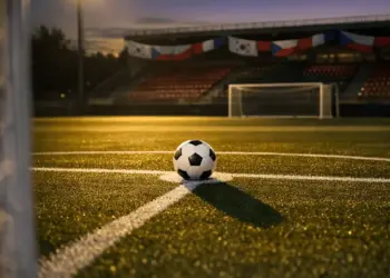 Floodlit penalty spot with geometric pitch shadows, red-white bunting in stadium background, golden-hour lighting, empty ground anticipation mood.