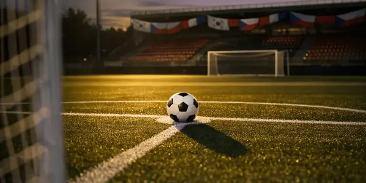 Floodlit penalty spot with geometric pitch shadows, red-white bunting in stadium background, golden-hour lighting, empty ground anticipation mood.