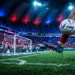 Floodlit football pitch with boot and ball in motion, blue and red colour palette, dramatic stadium lighting.