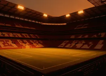 Floodlit stadium with golden-hour lighting, red and yellow colour palette, packed stands and dramatic shadow patterns.