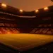 Floodlit stadium with golden-hour lighting, red and yellow colour palette, packed stands and dramatic shadow patterns.