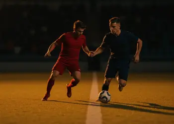 Two footballers in red and navy jerseys contest the ball under floodlights on a stadium pitch with dramatic shadow patterns.