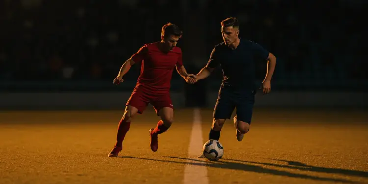 Two footballers in red and navy jerseys contest the ball under floodlights on a stadium pitch with dramatic shadow patterns.