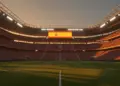 Empty floodlit stadium at dusk with packed stands and dramatic shadow patterns, ready for international match.