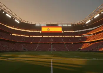 Empty floodlit stadium at dusk with packed stands and dramatic shadow patterns, ready for international match.