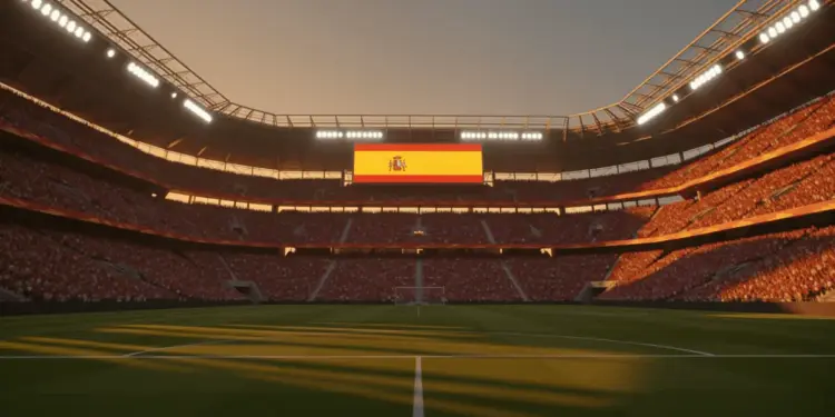 Empty floodlit stadium at dusk with packed stands and dramatic shadow patterns, ready for international match.