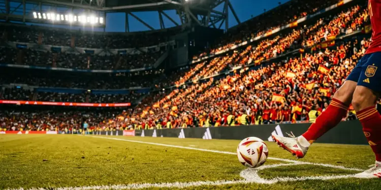 Floodlit football pitch at dusk with Spanish-coloured stand sections and ball in motion during evening match.