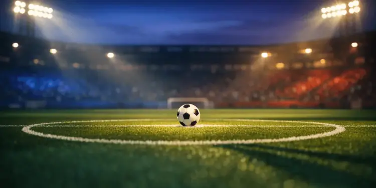 Floodlit football pitch at dusk with match ball on penalty spot, dramatic blue and amber stadium lighting.