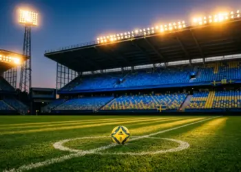 Floodlit stadium pitch at golden hour with match ball on centre spot, blue and yellow colour palette