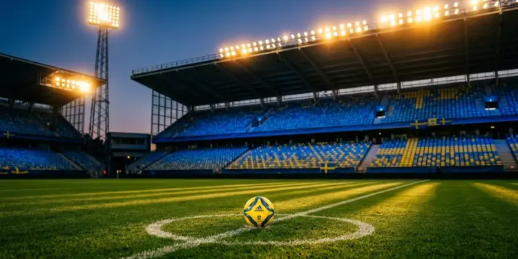 Floodlit stadium pitch at golden hour with match ball on centre spot, blue and yellow colour palette