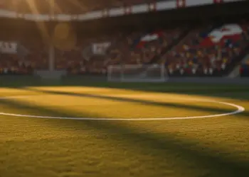Floodlit stadium pitch with golden shadows, Swiss and Bosnian flag color palettes in distant stands