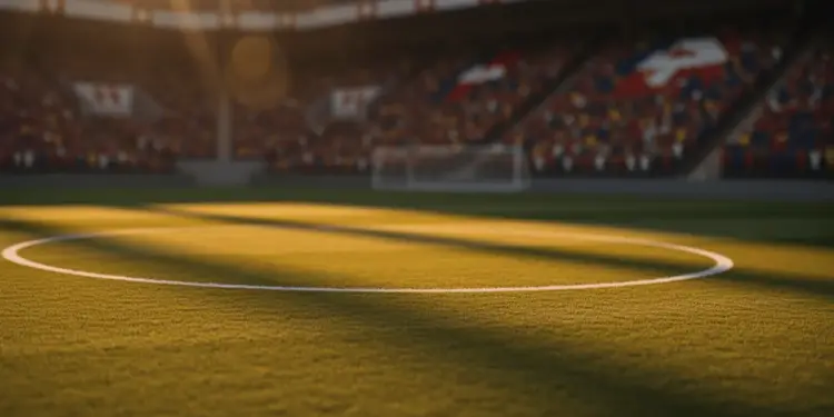 Floodlit stadium pitch with golden shadows, Swiss and Bosnian flag color palettes in distant stands