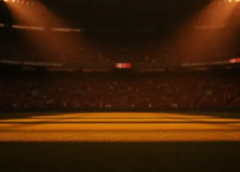 Floodlit World Cup stadium at kick-off with packed stands, empty pitch with shadow patterns, Swiss and Canadian flag colours.