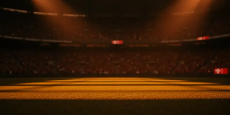 Floodlit World Cup stadium at kick-off with packed stands, empty pitch with shadow patterns, Swiss and Canadian flag colours.