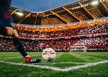 Professional footballer mid-stride with ball on floodlit pitch, Swiss flag colours in crowded stadium stands.