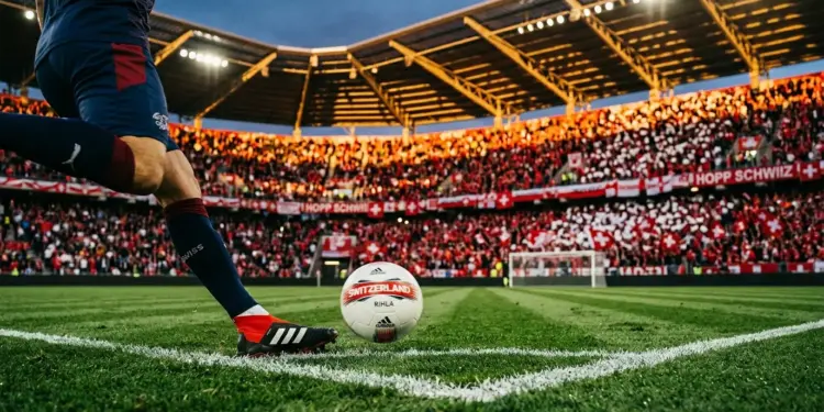 Professional footballer mid-stride with ball on floodlit pitch, Swiss flag colours in crowded stadium stands.