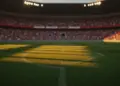 Floodlit football stadium pitch at dusk with shadow patterns, empty field, crowd blur in background.